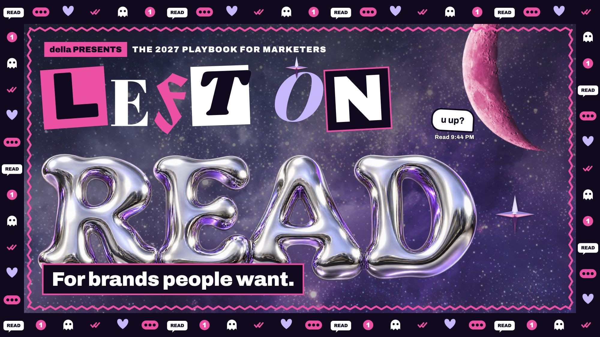 Left on Read cover: chrome balloon lettering, pink cutout type and a crescent moon against a purple galaxy.